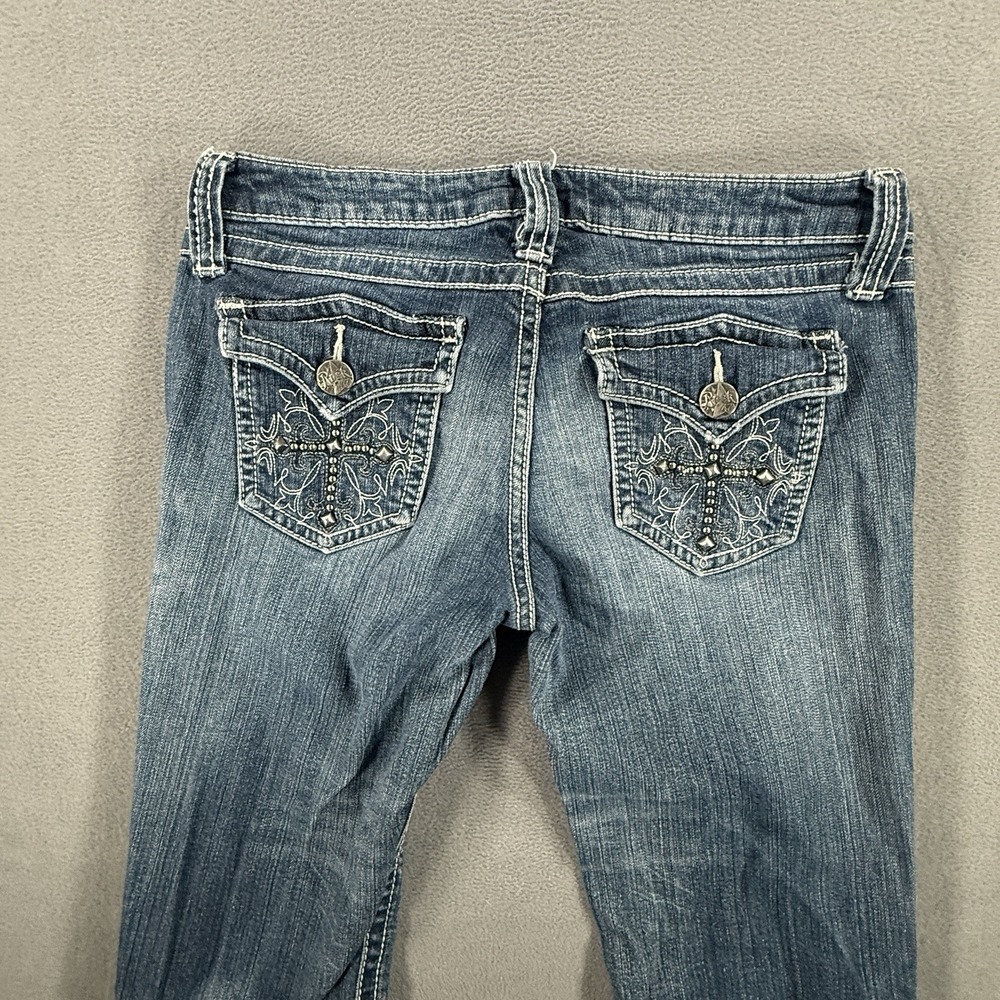 Wrangler Rock 47 Womens Blue Denim‎ Ultra Low Rise Bootcut Jeans 3X34 Y2K - Picture 8 of 10